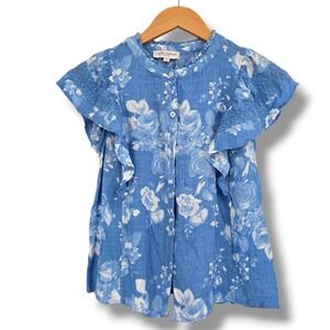 Laura Ashley Blue Floral Ruffle Lace Cap Sleeve Rayon Dobby Blouse Small